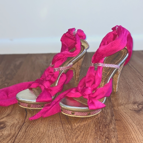 Hot Pink Cork Platform Heels Stiletto Wrapped Sandal - Picture 1 of 6